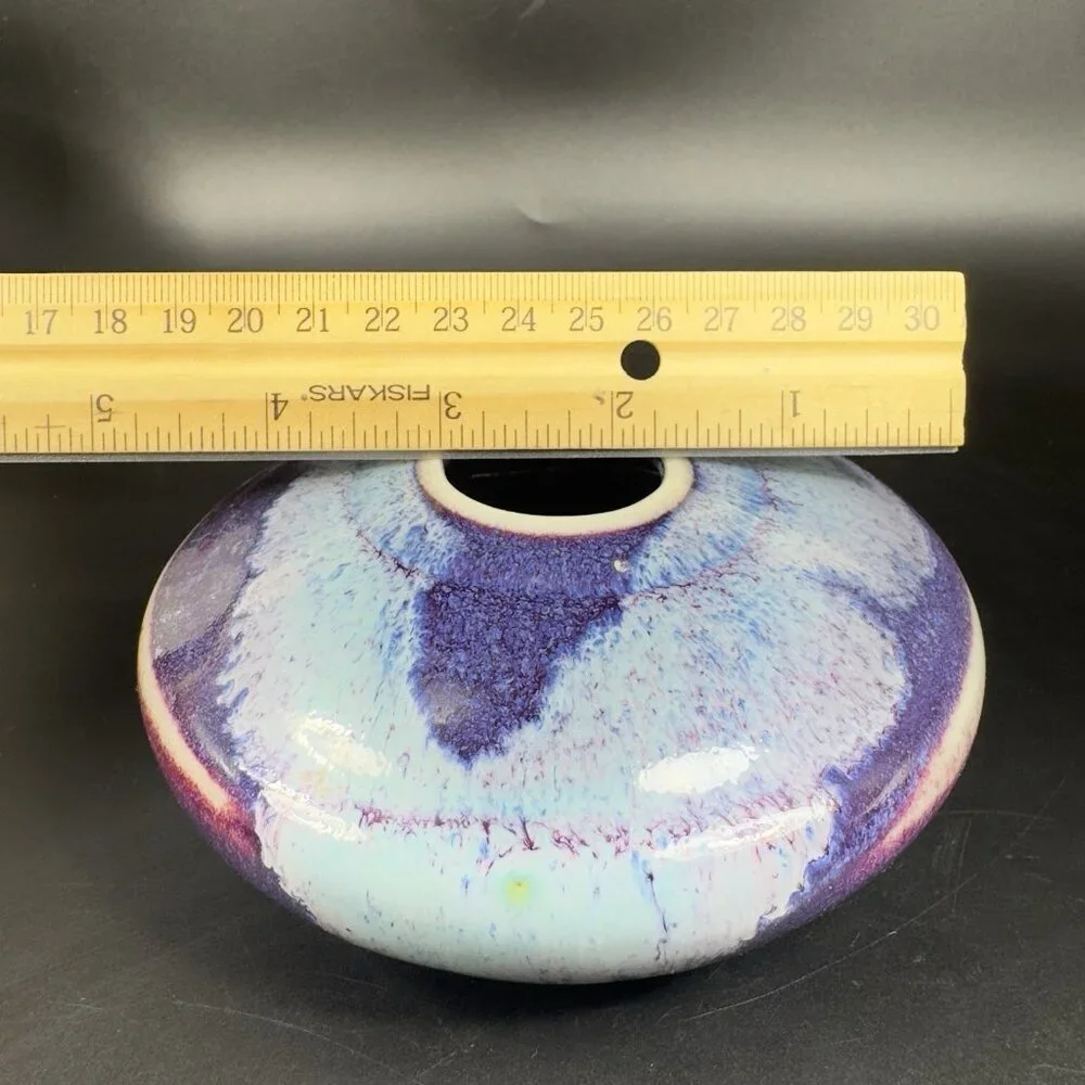 Vintage Hand Made Studio Art Pottery‎ Flat Vase Vessel Multicolor Glaze Vase VTG